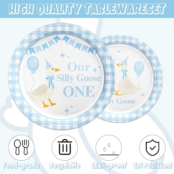 141pcs Blue One Silly Goose Birthday Decorations 1st Birthday Party for Girls Goose Theme Blue Gingham Plates Napkins Forks Knives Straws Tablecloth Cups,Suitable for 20 Guests