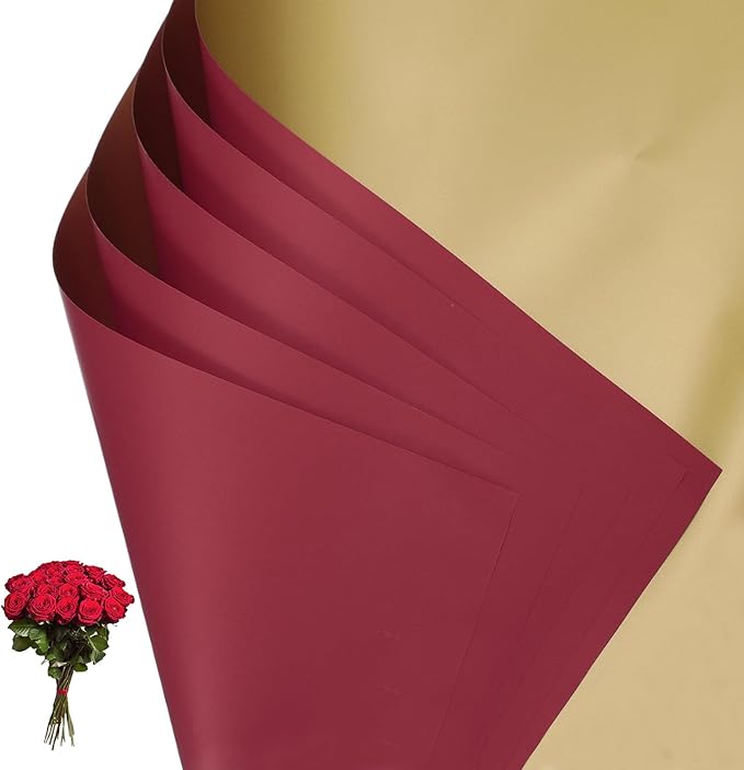 PATIKIL Flower Gift Wrapping Paper, 20 Sheets Double Sided Golden Waterproof Bouquet Paper Wrap Florist Supplies Packaging Floral Papers for Wedding DIY Craft Valentine, Burgundy/Gold