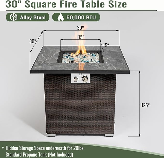 30" Propane Gas Fire Pit Table, 50000 BTU Square Fire Pit with Lid & Glass, Tile Tabletop with Beautiful Wicker Base for Outside Patio Deck Garden Courtyard