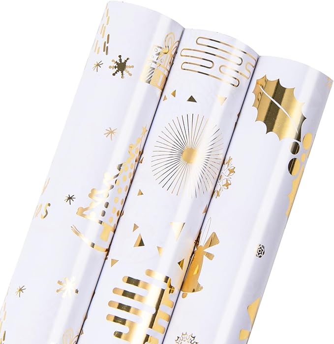 Linnoptimix Christmas Wrapping Paper Rolls -3 LARGE ROLL-27inch*78 inch per roll Colorful Foil White Gold wrapping paper(Christmas 3 White/Gold（002）)