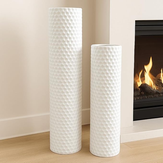 Leewadee White Tall Floor Vase, Set of 2 Decorative 24/19″ Large White Vases from Metal for Home Decor Living Room, Style with Pampas Grass for Modern, Vintage, Rustic or Farmhouse Room Decor