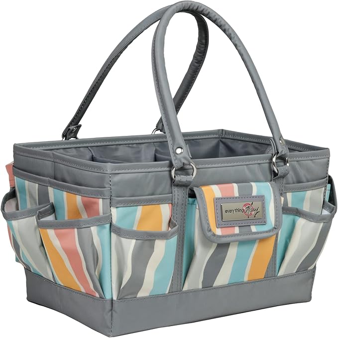 Everything Mary Deluxe Store & Tote Organizer – Grey Stripes Craft Caddy with Handle – Art Storage Tote for Sewing, Scrapbooking, DIY Projects & Crafting Tools