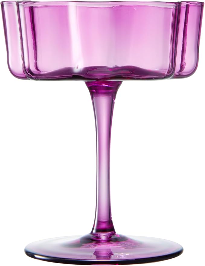 Khen Flower Vintage Wavy Glass Coupes Martini, Champagne & Cocktail Coupes - Set of 2-7oz Colorful Cocktail Glasses & Champagne, Prosecco, Mimosa Glassware Copyright Design - Amethyst Purple