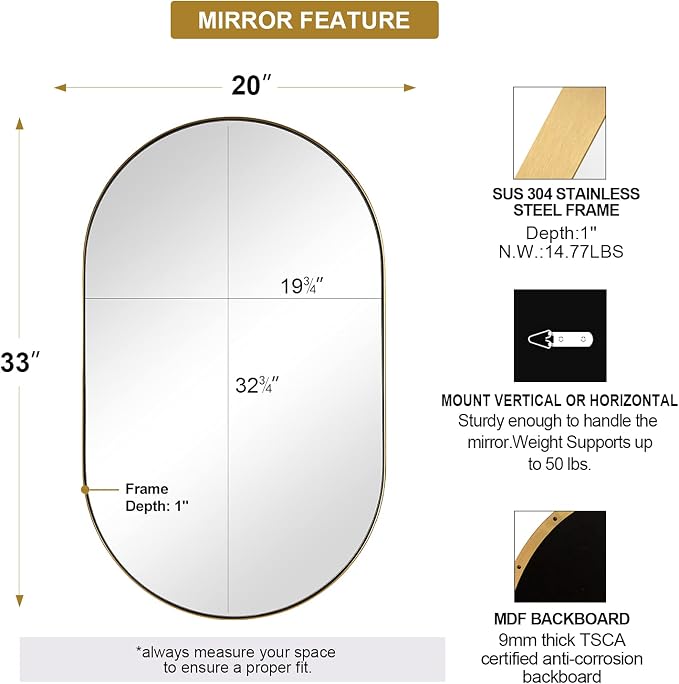 ANDY STAR Oval Bathroom Mirror, 20x33’’Oval Gold Mirror Stainless Steel Metal Frame Mirror for Bathroom, Entryway, Living Room, Contemporary 1" Deep Set Design Wall Mount Hangs Vertical or Horizontal