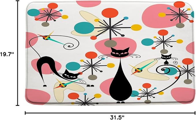 Mid Century Black Cat Bath Mat,Pink Teal Modern Atomic Geometric Bathroom Rug Shower Floor,Retro 50s 63s Vintage Bath Rug,Absorbent Doormat Bedroom Rug Kitchen Toilet