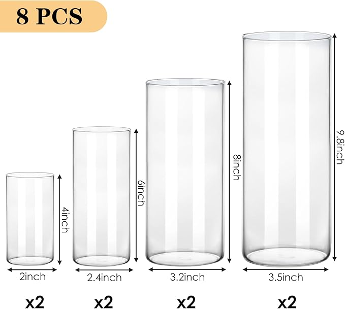 Fixwal 8pcs Clear Glass Cylinder Vases, 4, 6, 8, 10 Inch Tall Cylinder Vases for Centerpieces, Glass Flower Vase, Floating Candle Holder Vase for Table Shelf, Party, Wedding, Home Decor