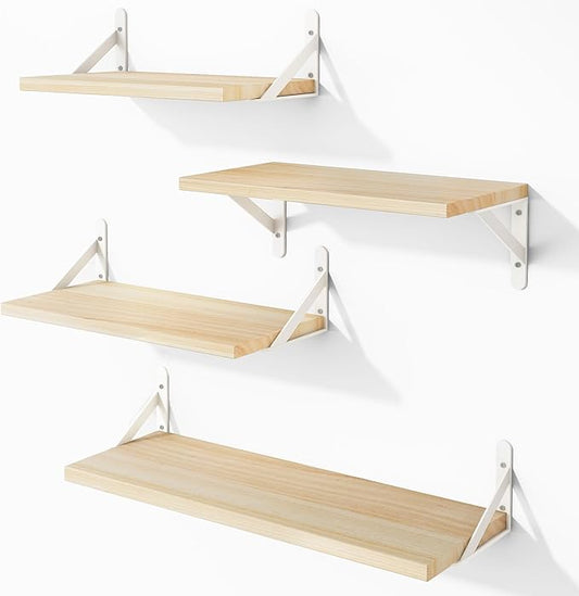YGEOMER Floating Shelves for Wall, Different Sizes Natural Wood Wall Shelves for Living Room, Bathroom, Bedroom, Kitchen, Home Decor (Set of 4)