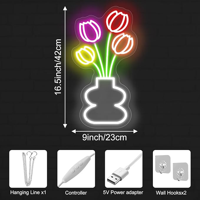 Tulip Flower Neon Sign for Wall Decor LED Tulip Lamp for Bedroom Wall Decor Flower Shop Decor, Tulip Sign for Living Room Studio Bedroom Party Decoration, Mother's or Valentine's Day Gifts