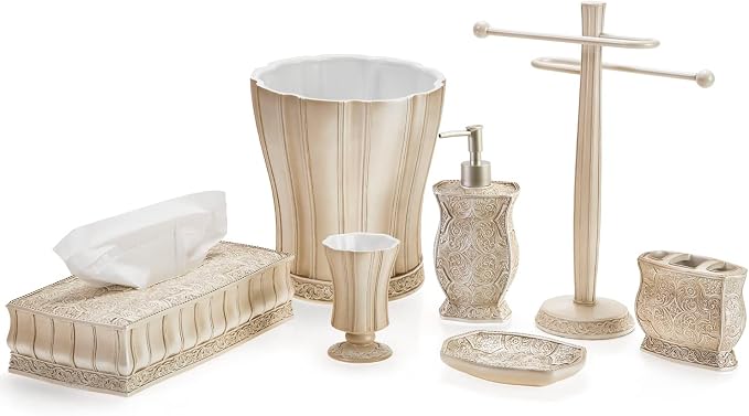 Creative Scents Victoria Beige Bathroom Accessories Set - Decorative Bathroom Accessory Set - 4 Piece Bathroom Set Features: Soap Dispenser, Toothbrush Holder, Tumbler, and Soap Dish