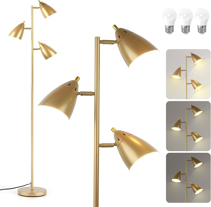 LALISU Tree Floor Lamp for Living Room, Industrial 3-Light Standing Lamp with 3 LED Bulbs, Adjustable Rotation Heads, Standing Tall Pole Lamp Farmhouse Rustic Reading Lamps for Bedroom Office (Gold)