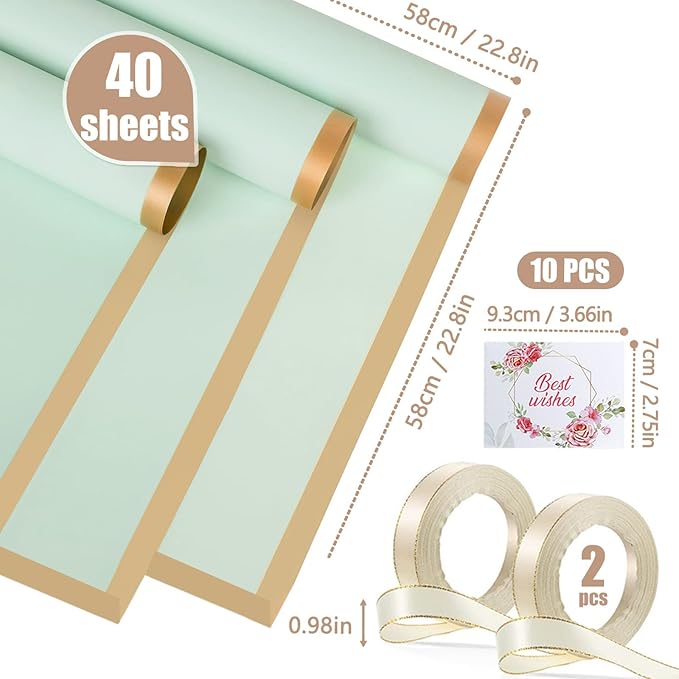 40 Sheets Light Green Flower Wrapping Paper, Gold Edge Waterproof Floral Wrapping Paper, 22.8x22.8 inch Bouquet Paper Wrap with 2 Rolls Ribbon for Wedding Birthday Gift DIY Crafts Florist Supplies