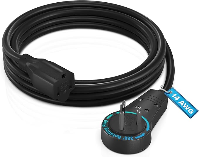 Maximm Extension Cord 6 Feet – 360° Rotating Flat Plug, 3-Prong Grounded Power Cable – UL Certified, 13A 125V, Heavy Duty 14AWG Wire – Ideal for Tight Spaces Behind Furniture – Black