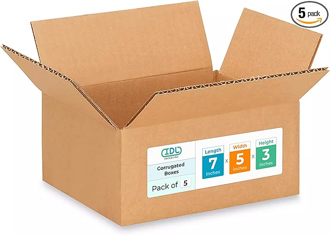 Small Moving & Shipping Boxes 7 x 5 x 3 inches (5-Pack) - Extra Strength 200 lb vs Regular - Corrugated Moving Boxes for USPS/FEDEX - Easy-to-Recycle Shipping Box - Packing Box by IDL Packaging