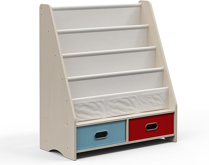 SEIRIONE Sturdy Kids Bookshelf, Tear-Proof Cotton Sling, Eco-Safe Toddler Bookshelf with 2 Cube Bins for Books & Toys, Beige/Wood Texture