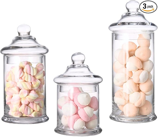 Set of 3 Apothecary Jars Glass, Apothecary Jars with Lids Bathroom, Clear Candy Jar Set, Decorative Jar for Party, Wedding and Home Decor (Height: 11", 8.5", 7.5"; Diameter: 5")
