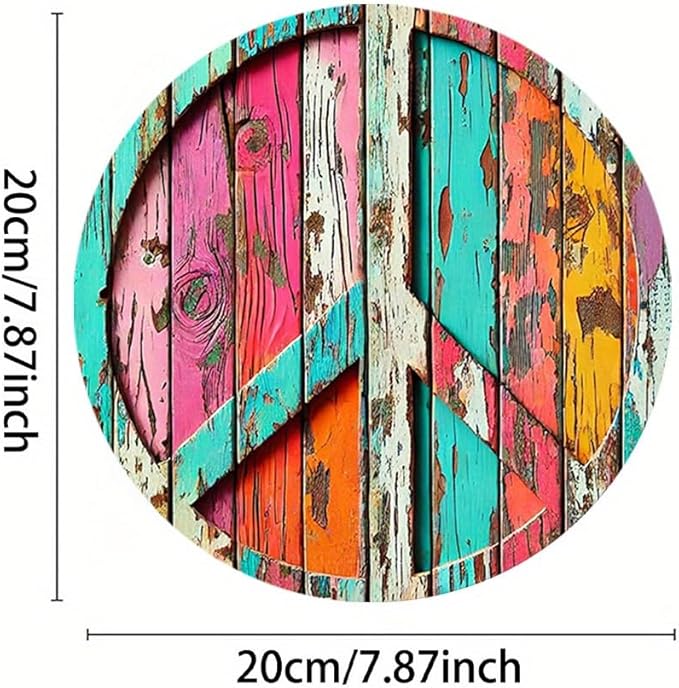 Colorful Peace Symbol Round Aluminum Sign - Vibrant High-Definition Print, Weathered Wood Design, Easy to Hang,Decorative Wall ArtPerfect for Room Decor7.98x7.98Inches