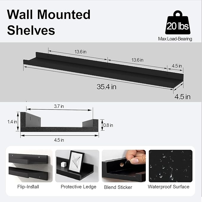 Long Floating Shelves for Wall Decor, Long Wall Mounted Storage Shelf for Bedroom, Living Room, Bathroom, Kitchen, Nursery, Display Picture Ledge Shelf with Lip Set of 2-36 Inches, Black