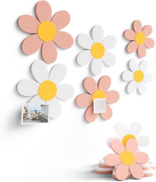 Fluxynara Daisy Felt Flower Wall Decor - 6 PCS Acoustic Art for Nursery & Kids' Rooms | Pink/White