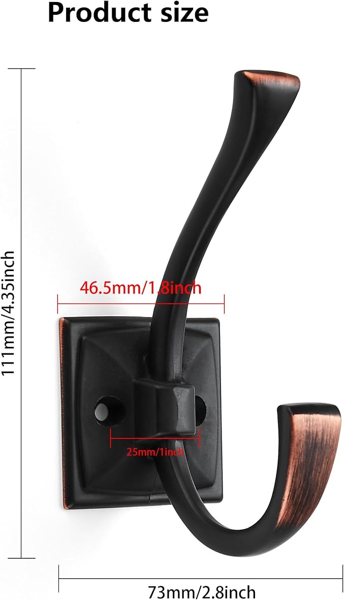 2 Pack Decorative Heavy Duty Towel Hooks for Hanging Robe Double Oil Rubbed Bronze Coat Hooks Wall Mounted with Screws for Key, Towel, Bags, Cup, Hat