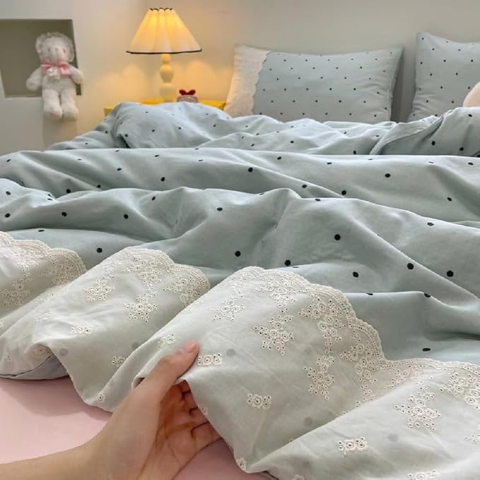 LifeTB Romantic Lace Comforter Set Queen Cute Polka Dots Comforter with 2 Pillowcases Fluffy Soft Microfiber Black Dots Bedding Set for Teens Girls Lightweight Princess Style Queen Comforter Set