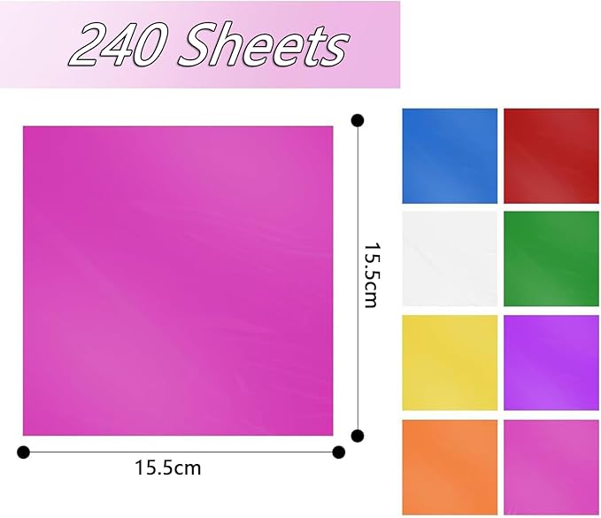 BetterJonny 240 Pcs Cellophane Sheets, 15.5X15.5cm Transparent Colored Cellophane Wrap Treat Candy Small Gifts Wrapping Colorful Plastic Sheets for DIY Arts Crafts Decorations（8-Colors