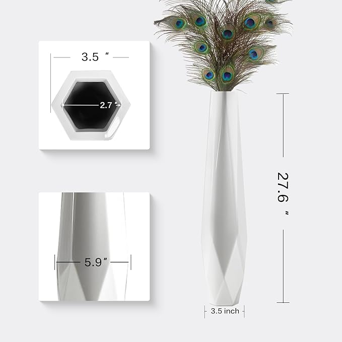 Tall Floor Vase - 27.5" Tall Vases for Home Decor, Resin Floor Vase with Handmade Dimensional Geometric Style, Fits Into Hay/Pampas Grass, Boho Living Room Decor (White)