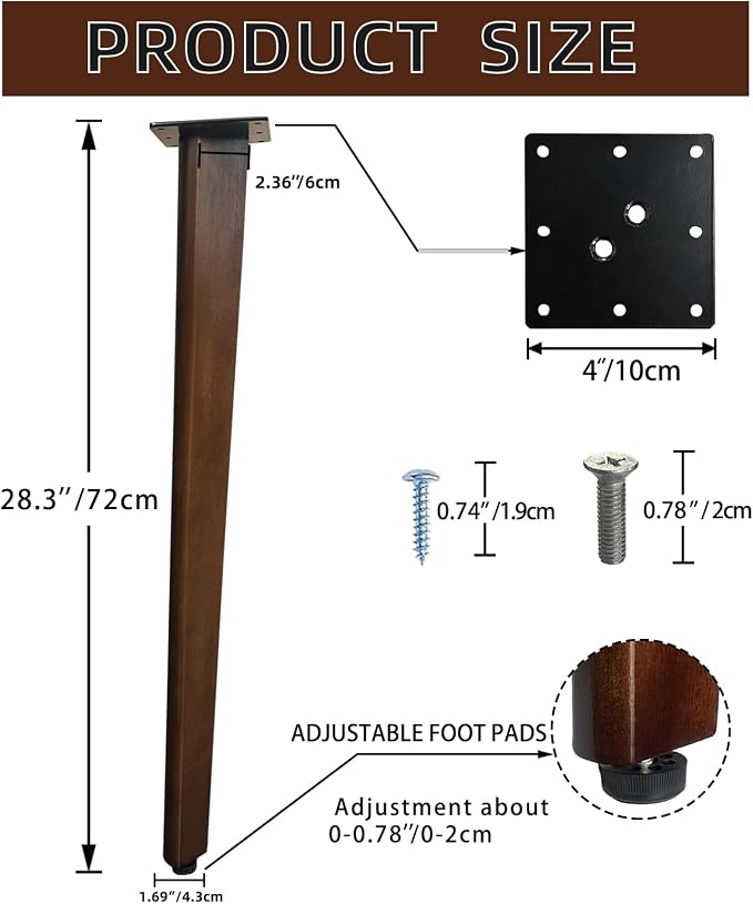 QLLY 28 inch Slant Wooden Table Legs, Solid Wood Angled Desk Legs, Furniture Legs, Set of 4, Easy to Install - Perfect for DIY Dining Tables, Coffee Tables, and Benches (Dark Walnut, 28")