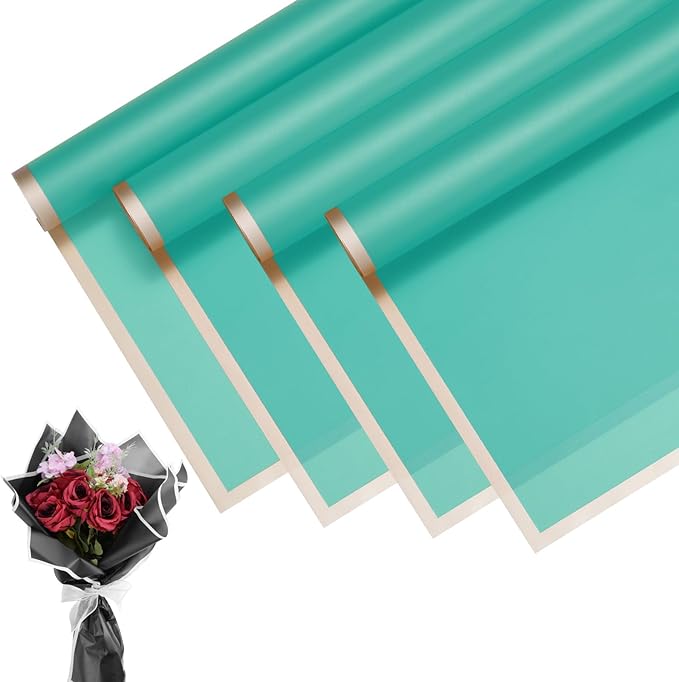 M METERXITY 20 Sheets Flower Wrapping Paper Bouquet, 23 Inch Dark Green Gold Edge BOPP Waterproof Floral Wrapping Paper Flower Packaging DIY for Wedding/Party/Birthday/Gift Bouquet Wrap Paper