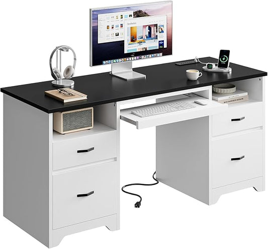 Bestier 59” Computer Desk with 4 Drawers, Office Desk with Storage, Modern Executive Desk with Charging Station, Keyboard Tray & Wooden Pedestals on Both Sides for Home Office & Studio, White