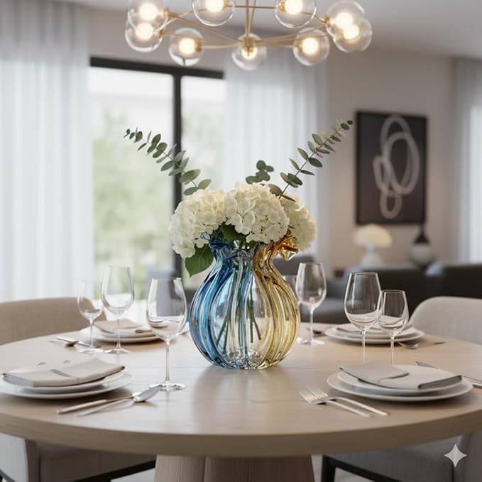 Hand-Blown Glass vase, Unique Wide-Mouth Glass vase, Modern Glass Art Decoration, Suitable for Living Room, Kitchen, Wedding, Dining Table, and Office Centerpiece Floral Arrangements.