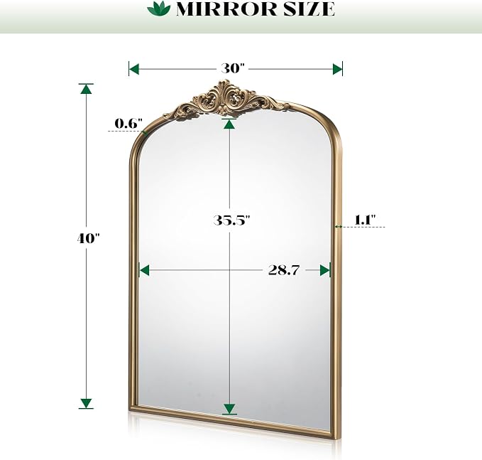Vintage Baroque Arched Wall Mirror, 30"x40" Antique Gold Bathroom Wall Mirrors, Large Ornate Arch Bronze Mirror for Over Sink, Fireplace, Entryway, Living Room, Hanging or Leaning