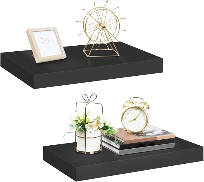 HOOBRO Floating Shelves for Wall, Wall Mounted Shelf Set of 2, 15.7" Hanging Shelf with Invisible Brackets, for Wall Decor Storage in Bathroom Bedroom Kitchen Living Room Office, Black BK40BJ01