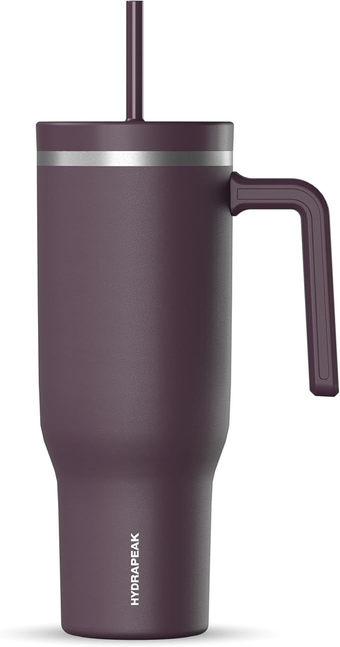 Hydrapeak Voyager 40 Oz Stainless Steel Tumbler with Handle, Insulated Water Bottle With Straw & Lid, Cupholder Friendly Reusable Travel Mug (Midnight Plum)