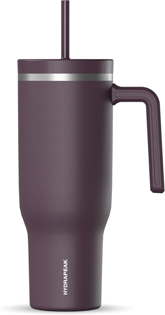 Hydrapeak Voyager 40 Oz Stainless Steel Tumbler with Handle, Insulated Water Bottle With Straw & Lid, Cupholder Friendly Reusable Travel Mug (Midnight Plum)