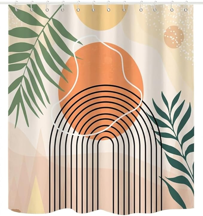 Mid Century Shower Curtain, Stall Abstract Boho Minimalistic Arch Sun Leaf Machine Washable Waterproof Fabric for Bathroom Bathtub Decor with Hooks 60Wx72H