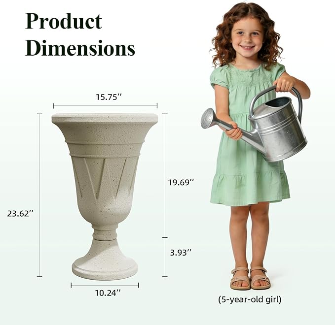 Tall Plastic Urn Planters for Outdoor Plants Set of 2-23.6" H Classic Trophy Design Indoor Large Flower Pots with Drainage Holes, Outdoor Planters for Porch Decor/Garden Vase, Off-White