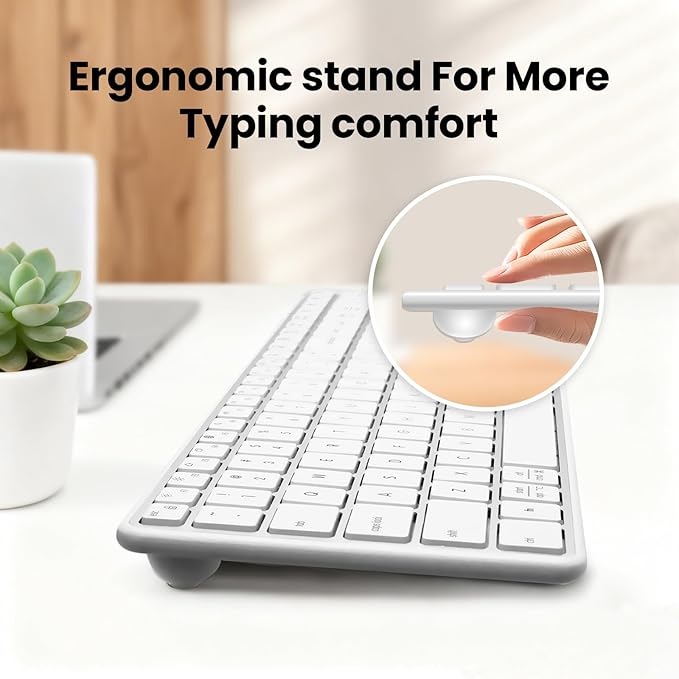 Bnnwa Wireless Bluetooth Keyboard Stainless Steel Multi-Device Full Size Keyboard with Numeric Keypad Low Profile Silent Cordless Keyboards Quiet Typing for Computer/Windows/PC/Laptop(Silver White)