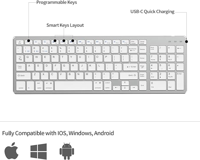 JKSML Wireless Keyboard with 102 Keys, Bluetooth and 2.4 GHz Wireless, Low Profile, Number Pad, Fluid Quiet Typing, 12 Programmable Keys, USB C Rechargeable, for Phone, Tablet, PC, Laptop, TV - White