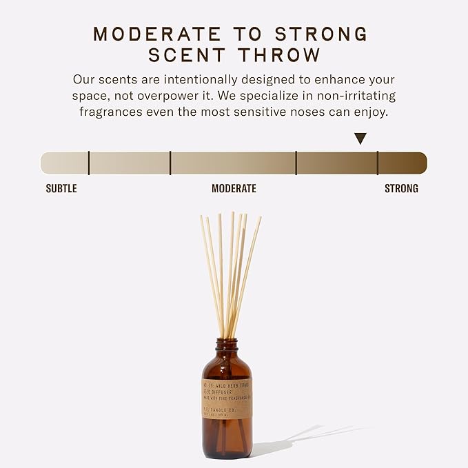 P.F. Candle Co. Wild Herb Tonic Classic Scented Rattan Reed Diffuser (3.5 fl oz) Amber Glass Jar, Fine Fragrance Oil, Flame-Free Fragrance, Made in The U.S.A.