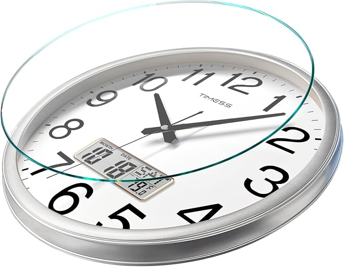 TIMESS Wall Clock, 11 Inch Non-Ticking Silent Battery Operated Quartz Analog with LCD Display for Perpetual Calendar and F° Temperature, Ideal Modern Home, Bedroom, Kitchen, Office Décor (Sliver)