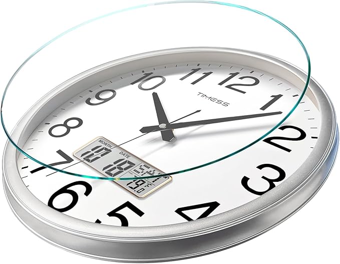 TIMESS Wall Clock, 16 Inch Non-Ticking Silent Battery Operated Quartz Analog with LCD Display for Perpetual Calendar and F° Temperature, Ideal Modern Home, Bedroom, Kitchen, Office Décor (Sliver)