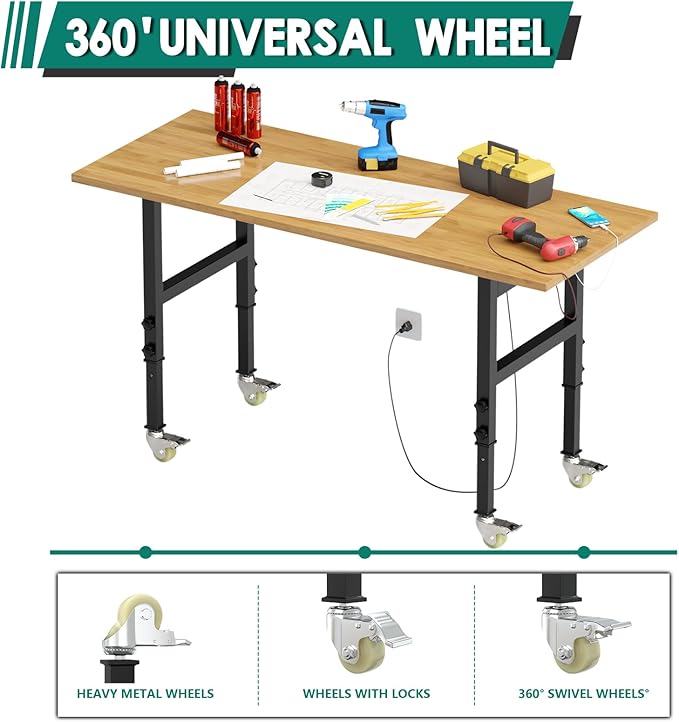 Adjustable Heavy Duty Workbench with Metal Wheels,Rubber Wood Top Working Table, 2500 LBS Load Capacity with for Workshop and Office,etc.