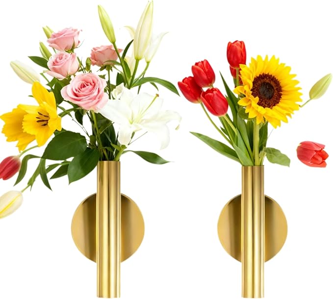 2 Pack Gold Circular Wall Vases for Flowers, Metal Hanging Wall Planters for Modern Home Decor, Hanging Flower Vase Holder for Faux & Dried Flowers, Wall Planters for Living Room & Bedroom Decor
