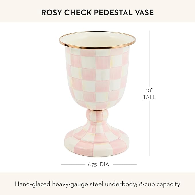 MACKENZIE-CHILDS Pedestal Vase, Decorative Centerpiece and Flower Holder, Pink-and-White Rosy Check