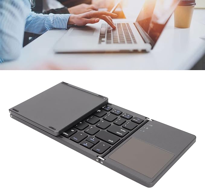 Wisoqu Foldable Keyboard with Touchpad, 3 Folding Wireless Keyboard 63 Keys 10m Connection USB Charging, for iOS for Laptop Tablet Smartphone (Dark Gray)
