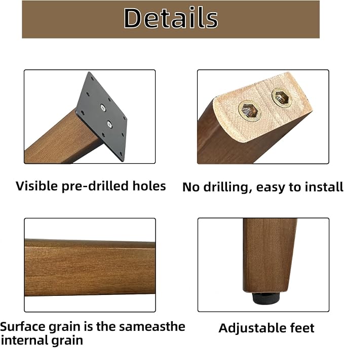 QLLY 28 inch Solid Wood Table Legs, Walnut Finish Wooden Desk Legs with Adjustable Leveling Feet, Set of 4, Heavy Duty Replacement Legs for for DIY Dining Table, Office Desk, Farmhouse Furniture