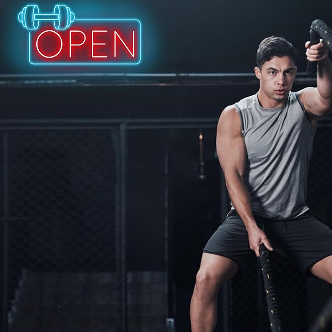 Gym Fitness Open Neon Sign, Dumbbell Open Led Sign, Weightlifting Led Light, Barbell Neon Light, Gym Open Wall Art Decor, House Wall Sign Decor for Business Window Open Signs, Fitness Club Decor