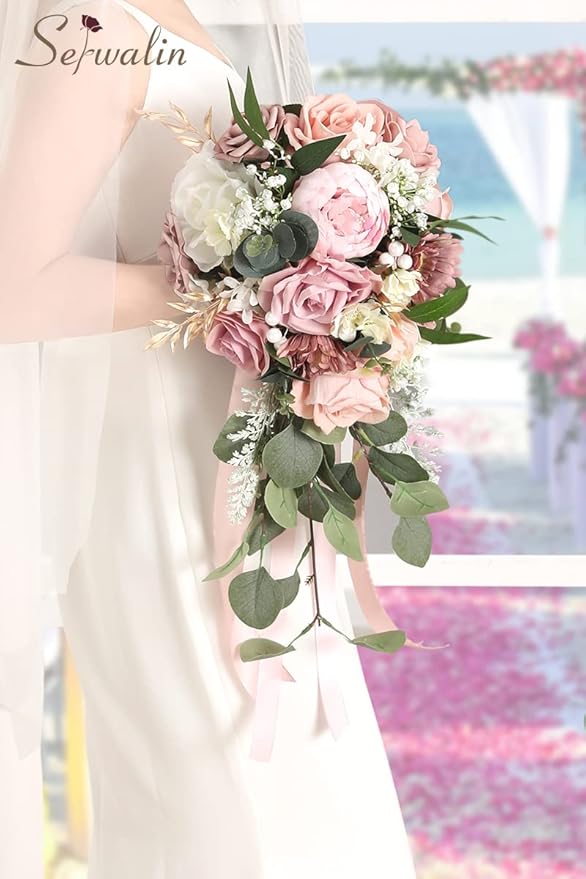 Serwalin 9.8 Inch Wedding Bouquets for Bride Bridesmaid, Dusty Pink Peonies Bridal Bouquets for Bride, Wedding Flowers Bouquet Tossing Bouquet, Wedding Ceremony and Anniversary Day Decor