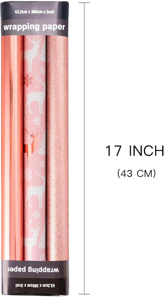 LeZakaa Rose Gold Christmas Wrapping Paper Mini Roll, Glitter Foil Matte and Reindeer Snowflake Design Holiday Gift Wrap, Arts Craft, for Xmas Winter Party, 17 x 120 inches, 3 Rolls