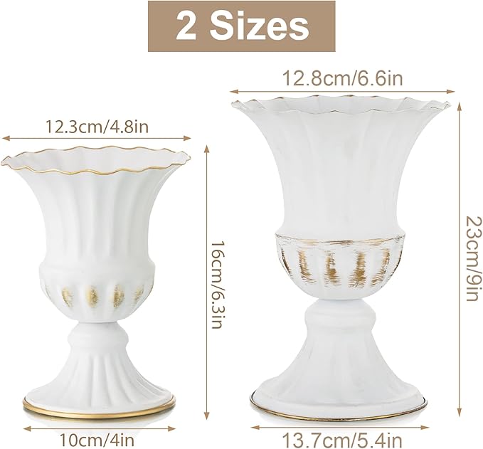 Sziqiqi Metal Vases for Fake Fresh Flowers Rustic White Flower Pot for Indoor Outdoor Elegant Floral Plant Holder Bulk for Garden Wedding Home Farmhouse Decor 9in